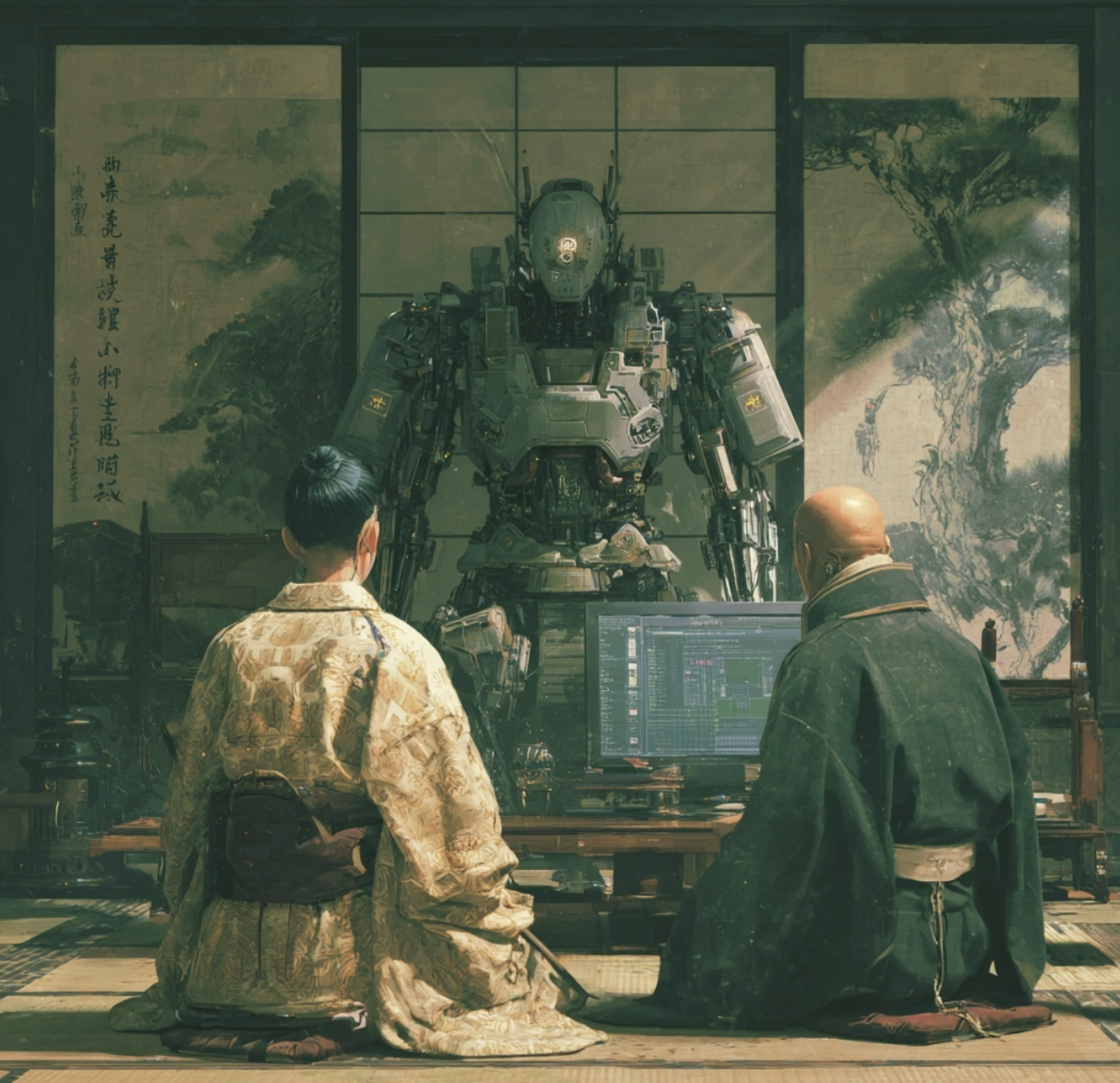 AIに仕事を奪われる未来とAIを操縦して稼ぐ人間の対比イメージ