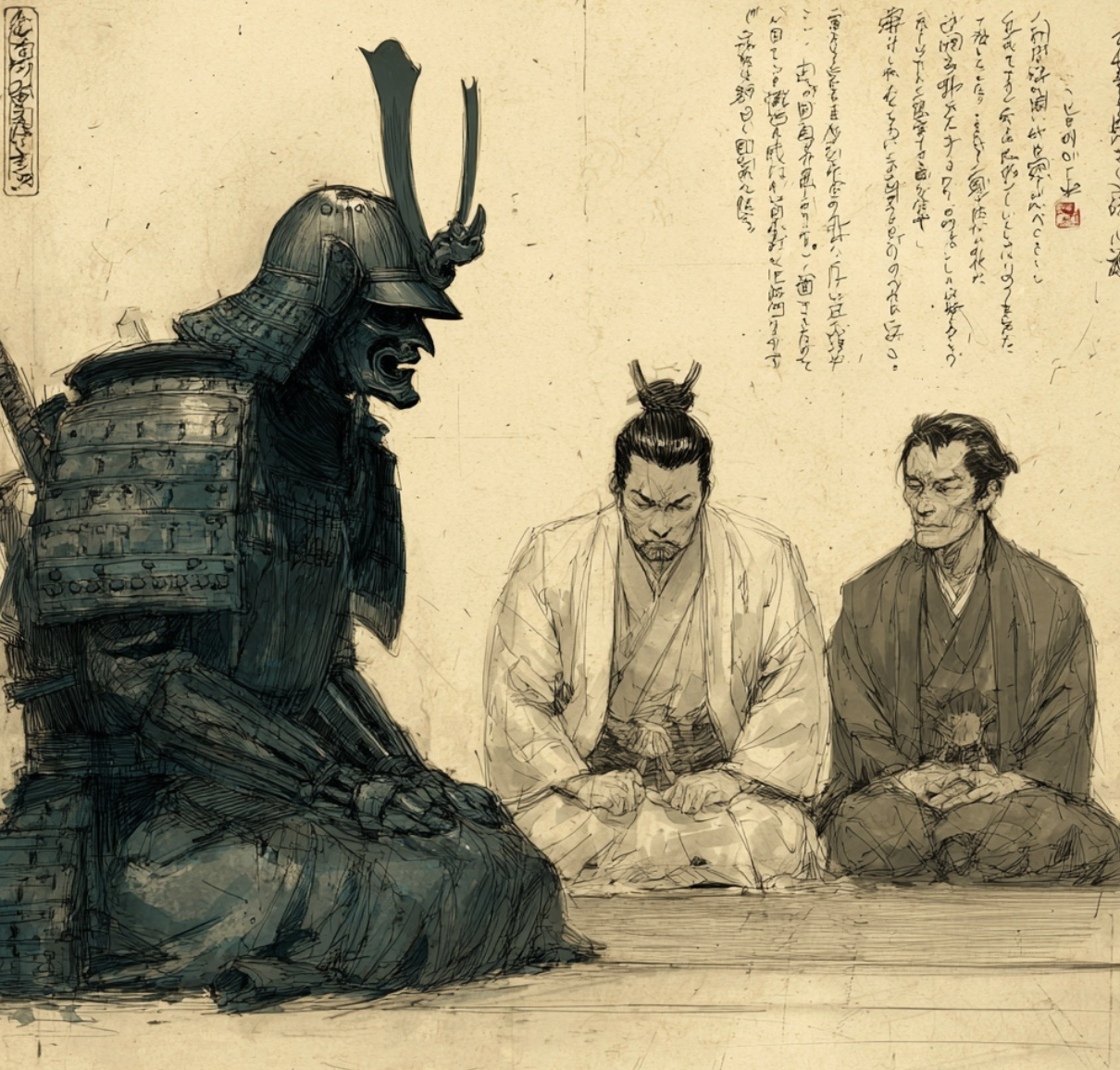 睡眠時間を削るリスクと脳のパフォーマンス低下を警告する侍のイメージ