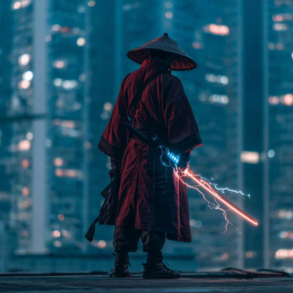 武士のサイバーパンクなAIのパートナーをイメージしたイラスト