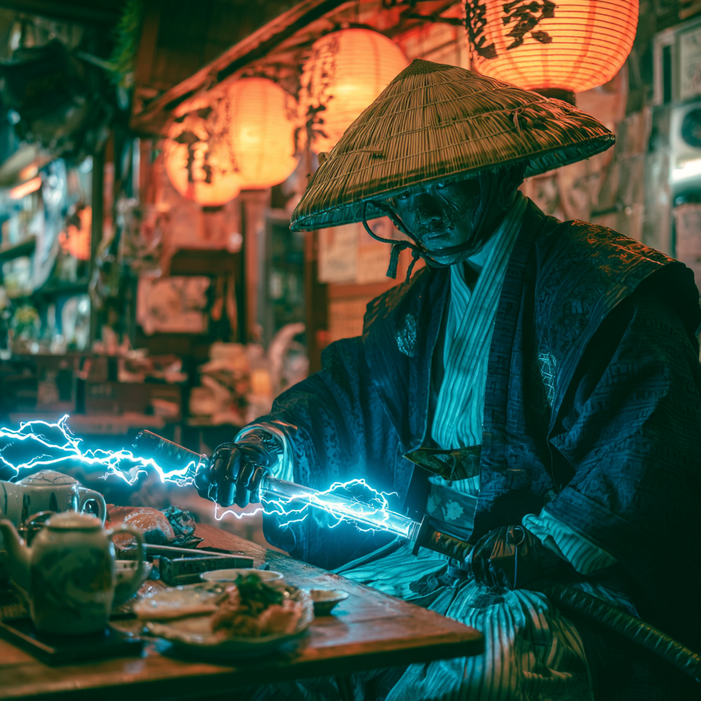 冷たい視線の群衆から離れ、光り輝く道へ一歩踏み出す武士のイメージイラスト