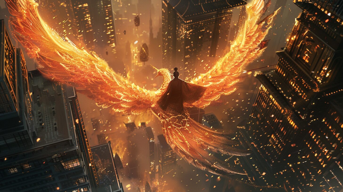 都会のビル群の上を火の鳥に乗って飛ぶ和装の侍、武士道とASIによる救済のイメージ