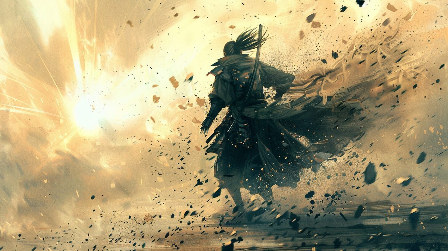 朝日に向かって歩む侍の姿。不自由な鎖を断ち切り、自律した創造者として1人社長の道を歩み始める象徴的な光景