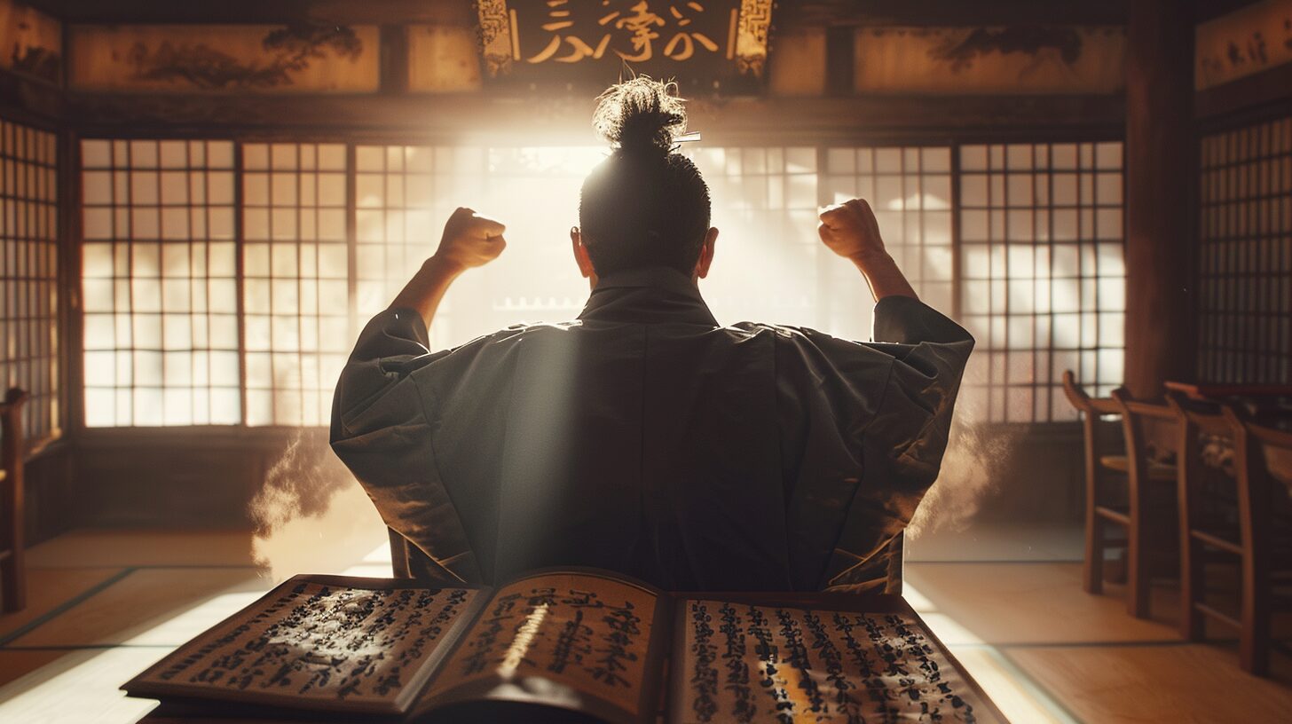 日本の巻き物を読み歓喜する侍の後ろ姿、5つの自由と武士道の象徴