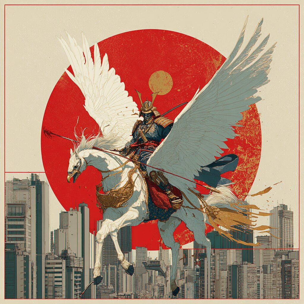 赤い日輪を背に白馬で駆ける和装の侍、5つの自由への決断と不滅のシステム構築の象徴